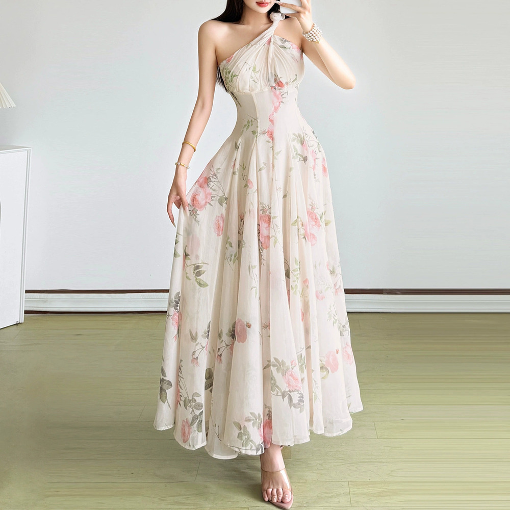 ZARA French Summer Vintage Oil Painting Floral One Shoulder Strap Maxi Dress